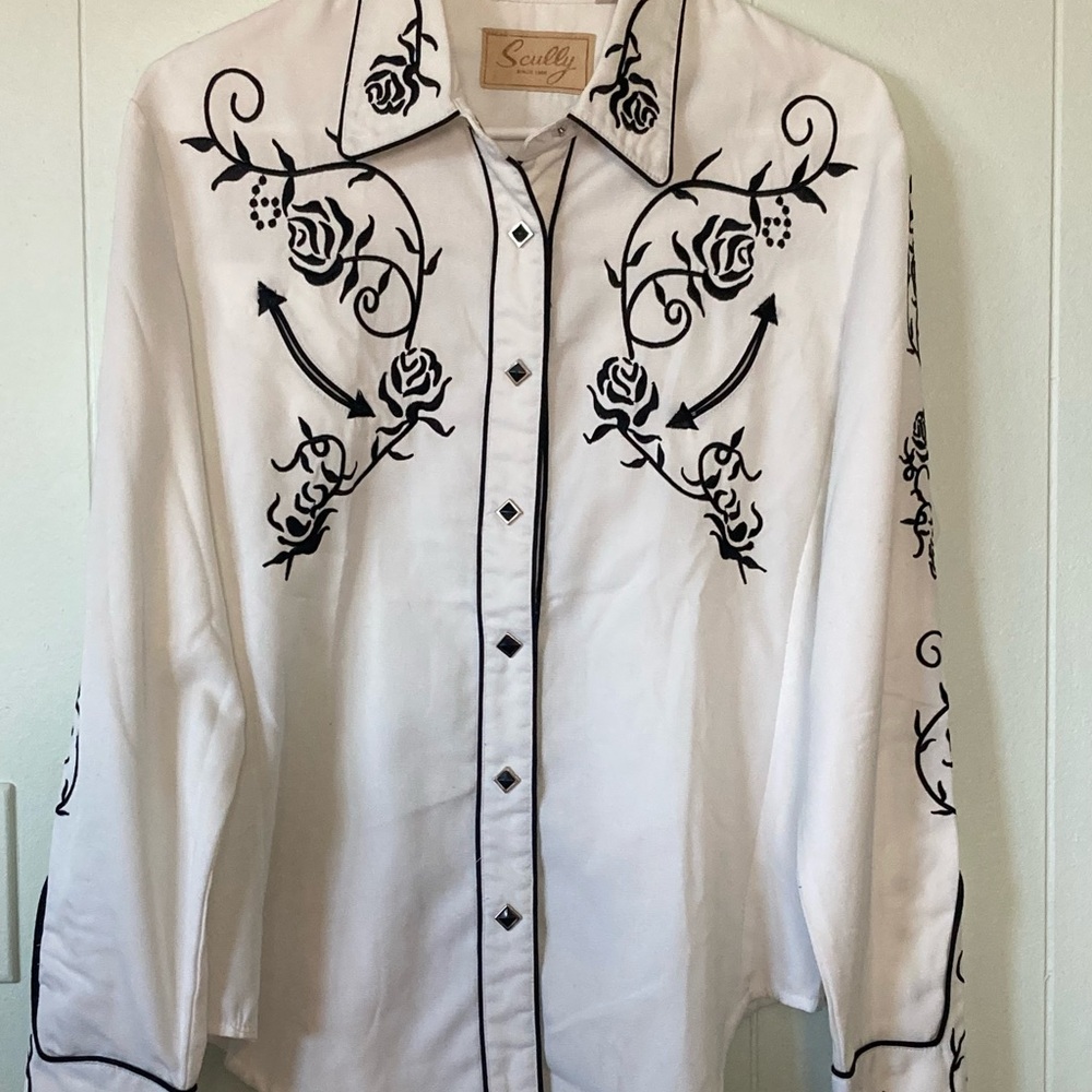 Scully SZ M Womens Western White and Black Embroidered with Roses Shirt - Picture 5 of 15